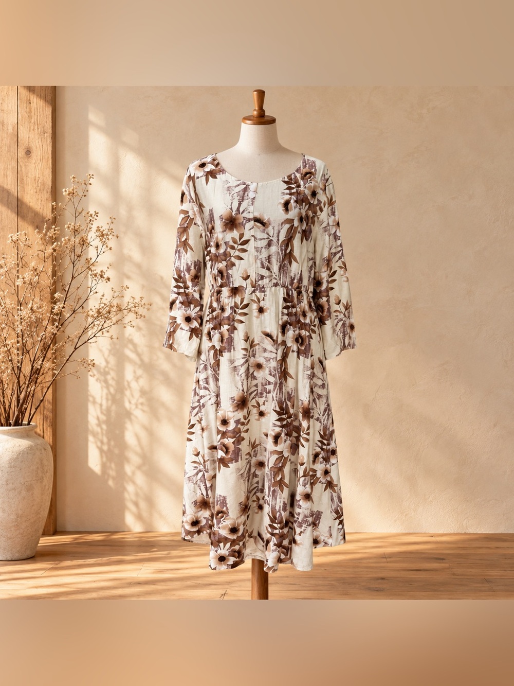 Women’s 2X Cream Brown Floral Midi Dress 3/4 Sleeve Boho